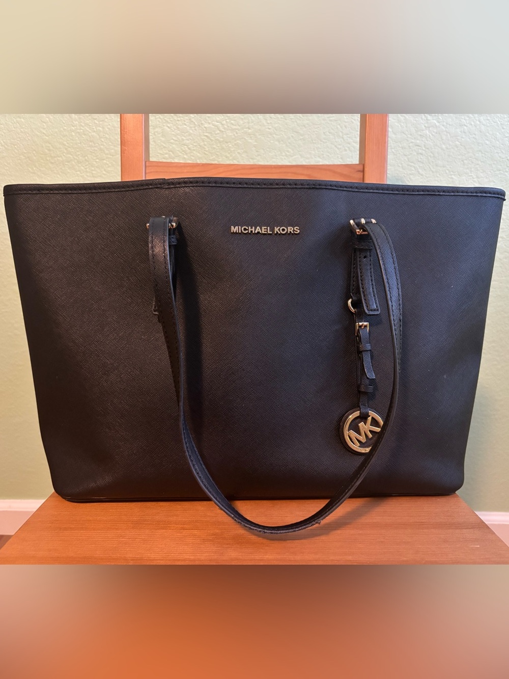 Michael Kors Black Leather Tote with Gold MK Charm